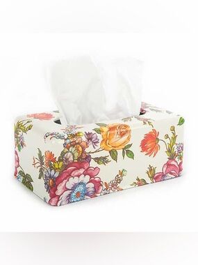 ❤️…MacKenzie-Childs Floral Tissue Box Cover in Cream, Pink, Orange, Green, Blue